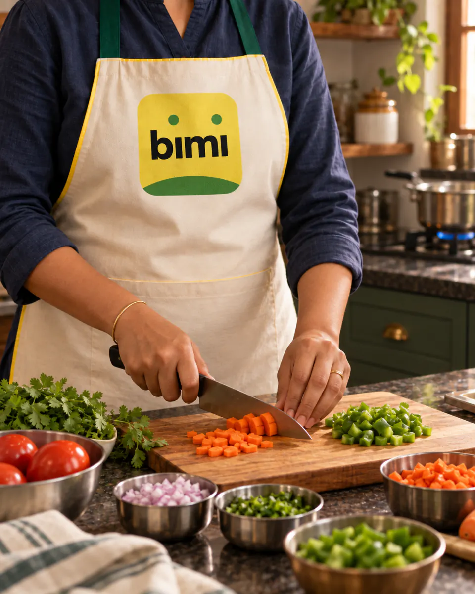 A Bimi-branded Home Cook chopping vegetables in a home kitchen