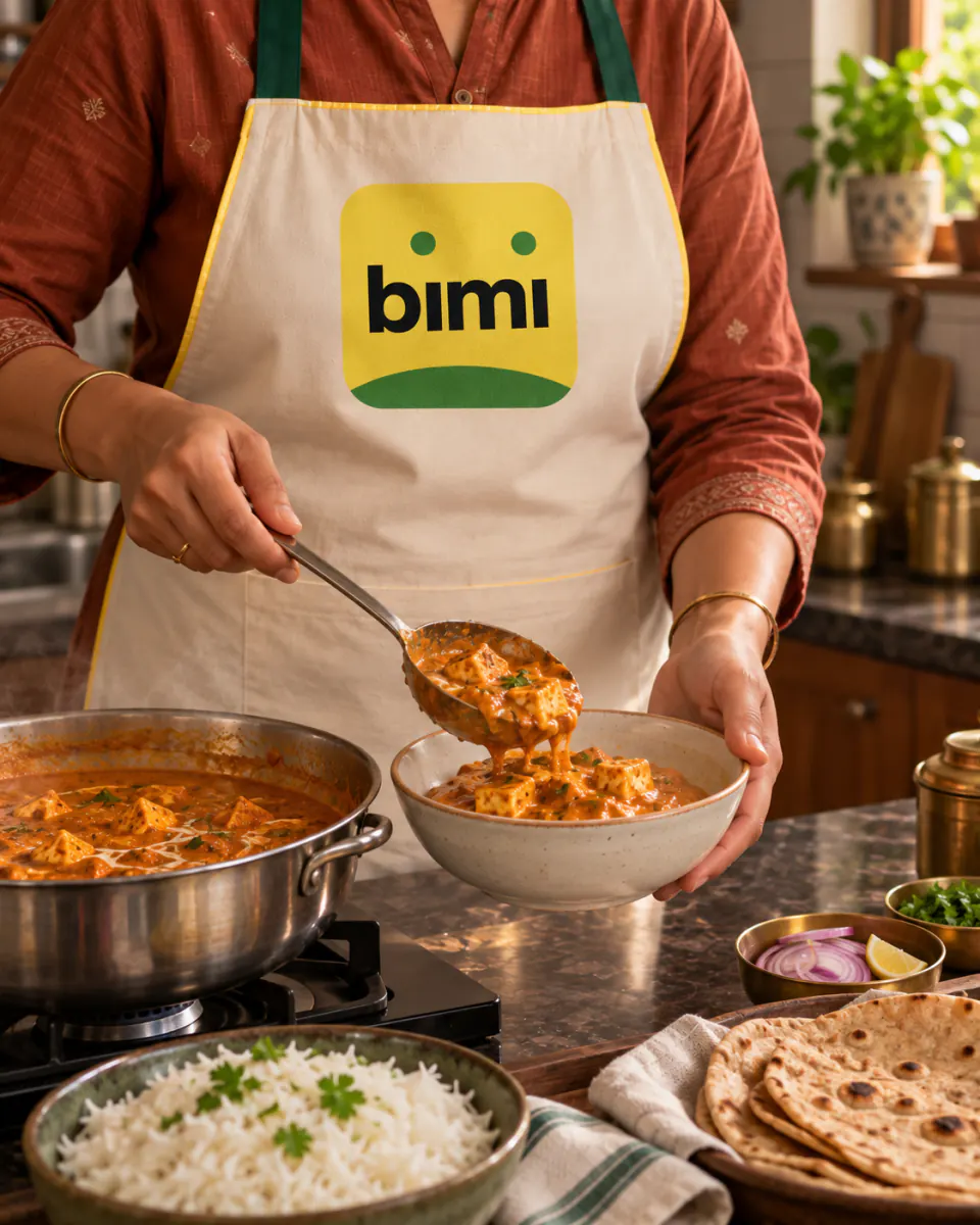 A Bimi-branded Home Cook plating paneer butter masala