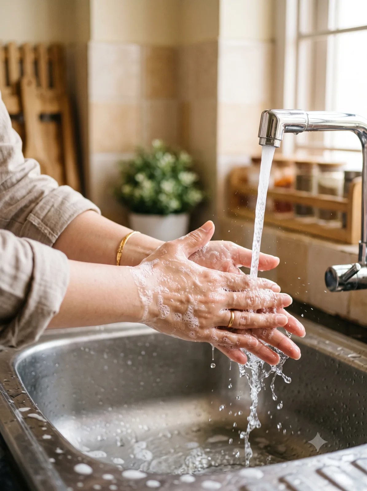 A Home Cook washing hands at a clean home sink