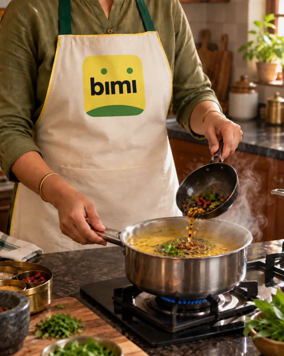 A Bimi-branded Home Cook tempering dal at a domestic gas hob