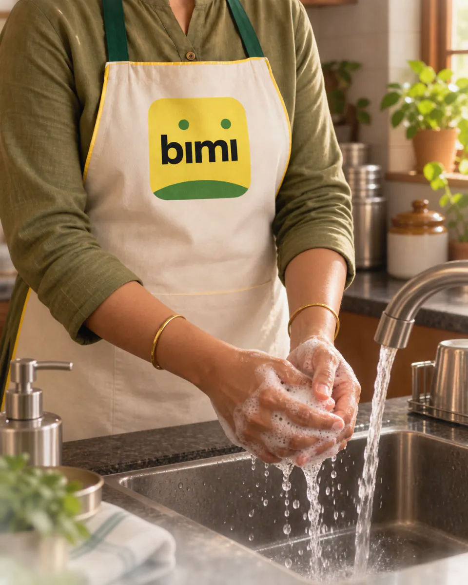 A Bimi-branded Home Cook washing hands at a clean home sink
