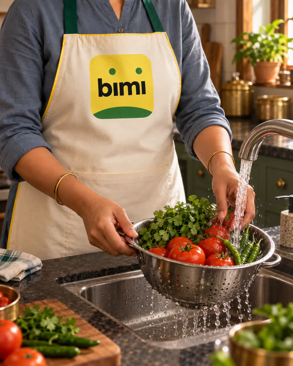 A Bimi-branded Home Cook rinsing fresh vegetables under a home tap