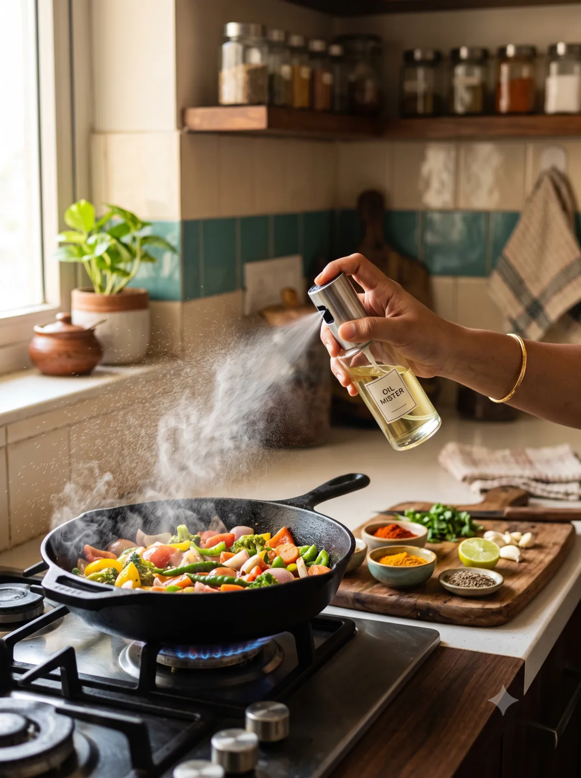 A Home Cook spraying a light mist of oil from an oil mister over vegetables in a pan