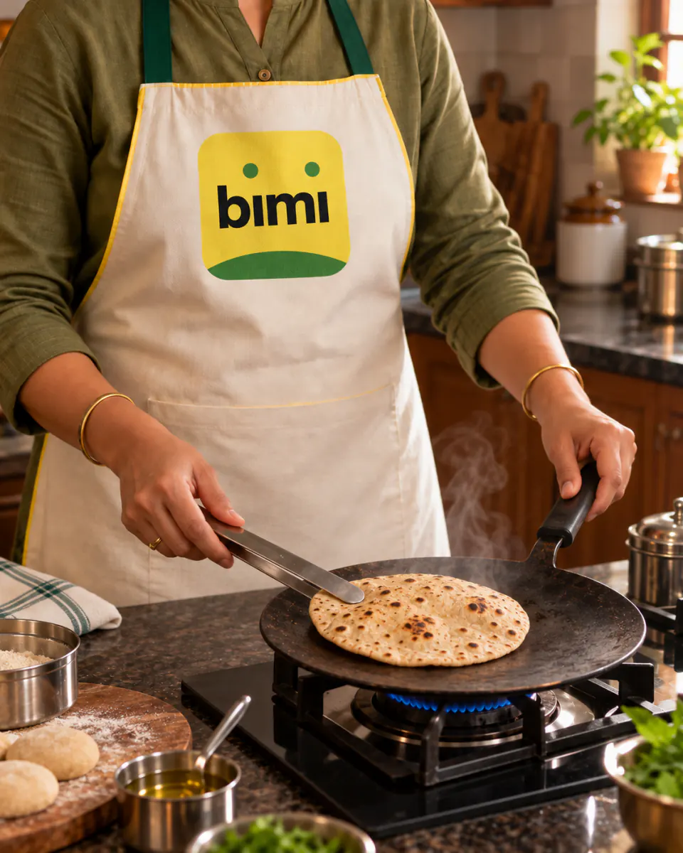 A Bimi-branded Home Cook cooking a fresh roti on a tawa