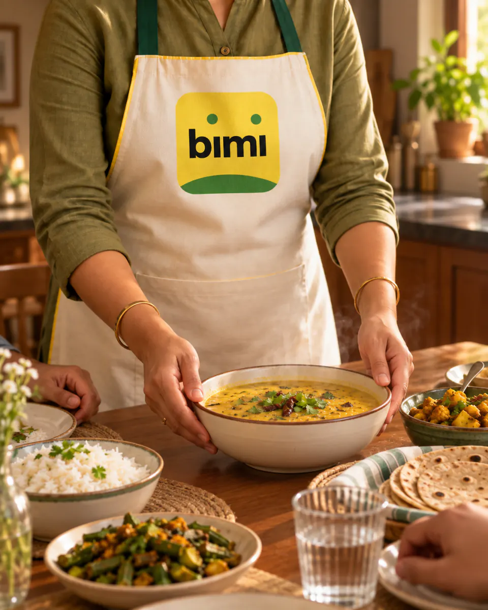 A Bimi-branded Home Cook serving dal at a home table