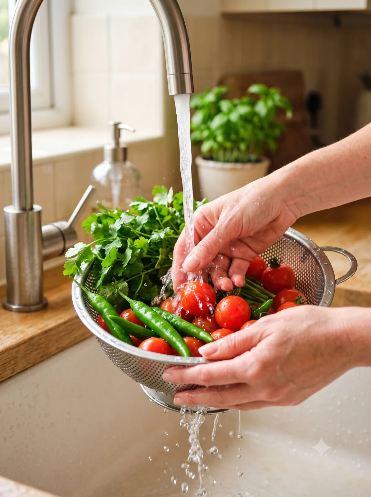 Fresh vegetables being rinsed under clean running water