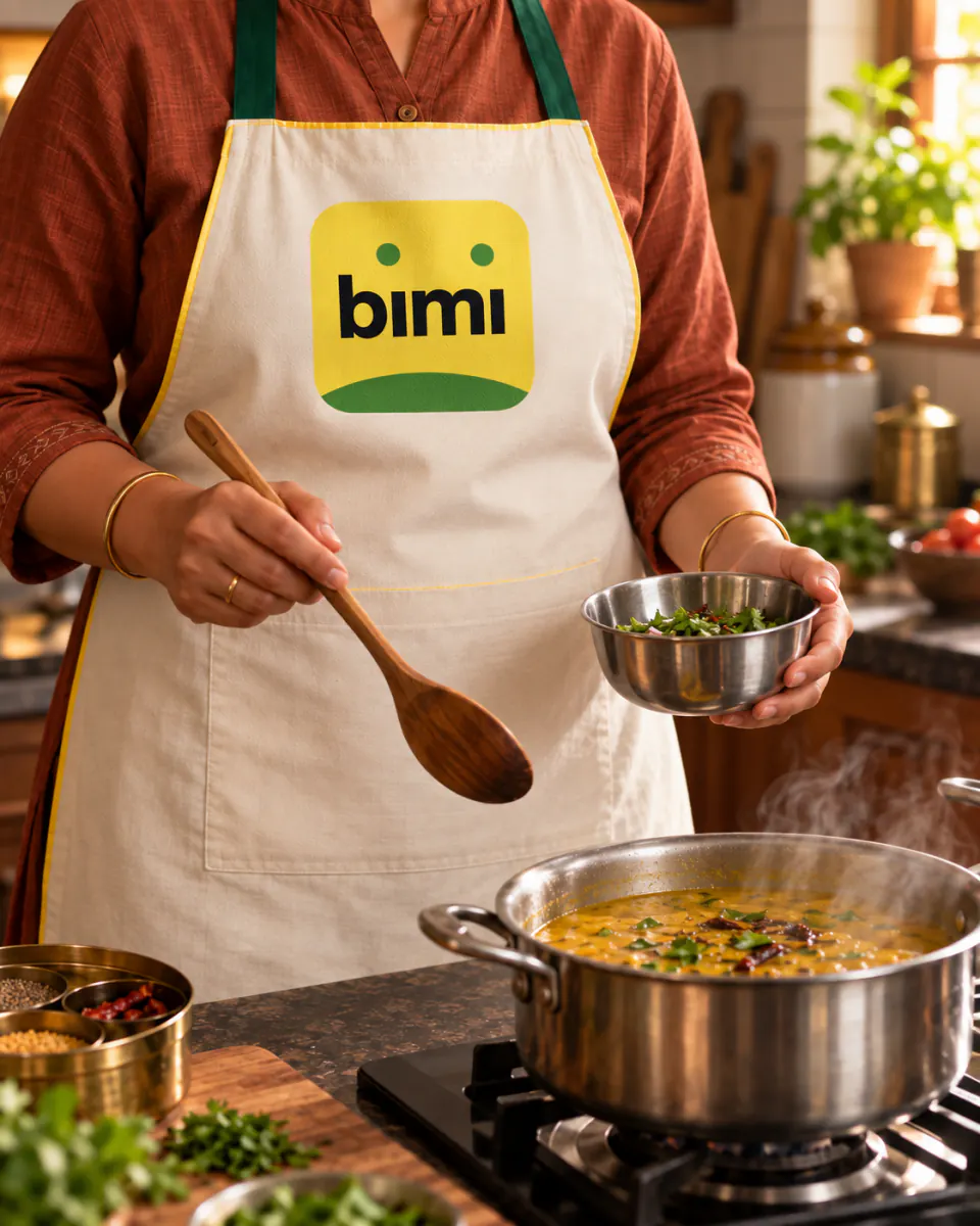 A Bimi-branded trained Home Cook holding a ladle and steel bowl
